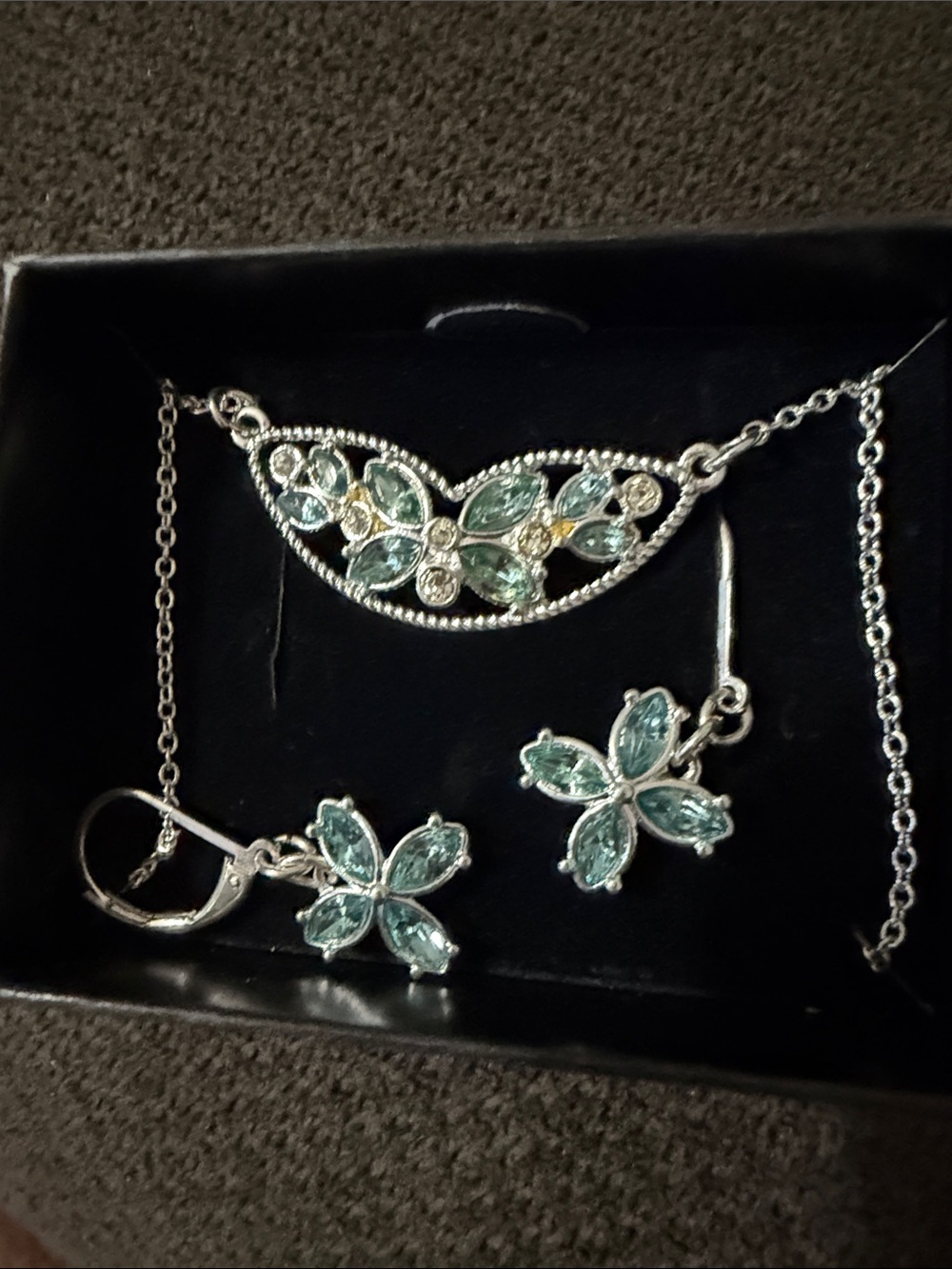 Avon Silver Aqua Floral Crystal Necklace and Earrings Set